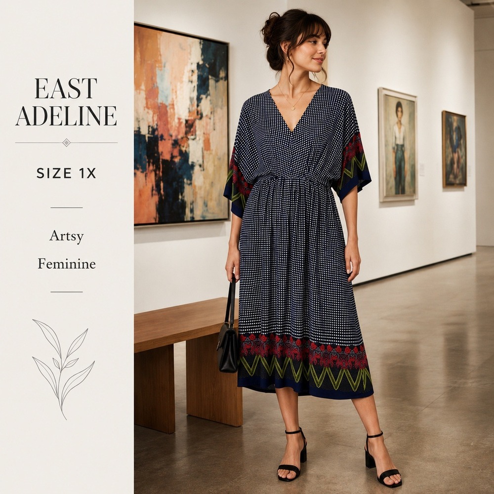 East Adeline Midi Dress Women 1X Navy White Geometric Kimono Boho Fit Flare Art